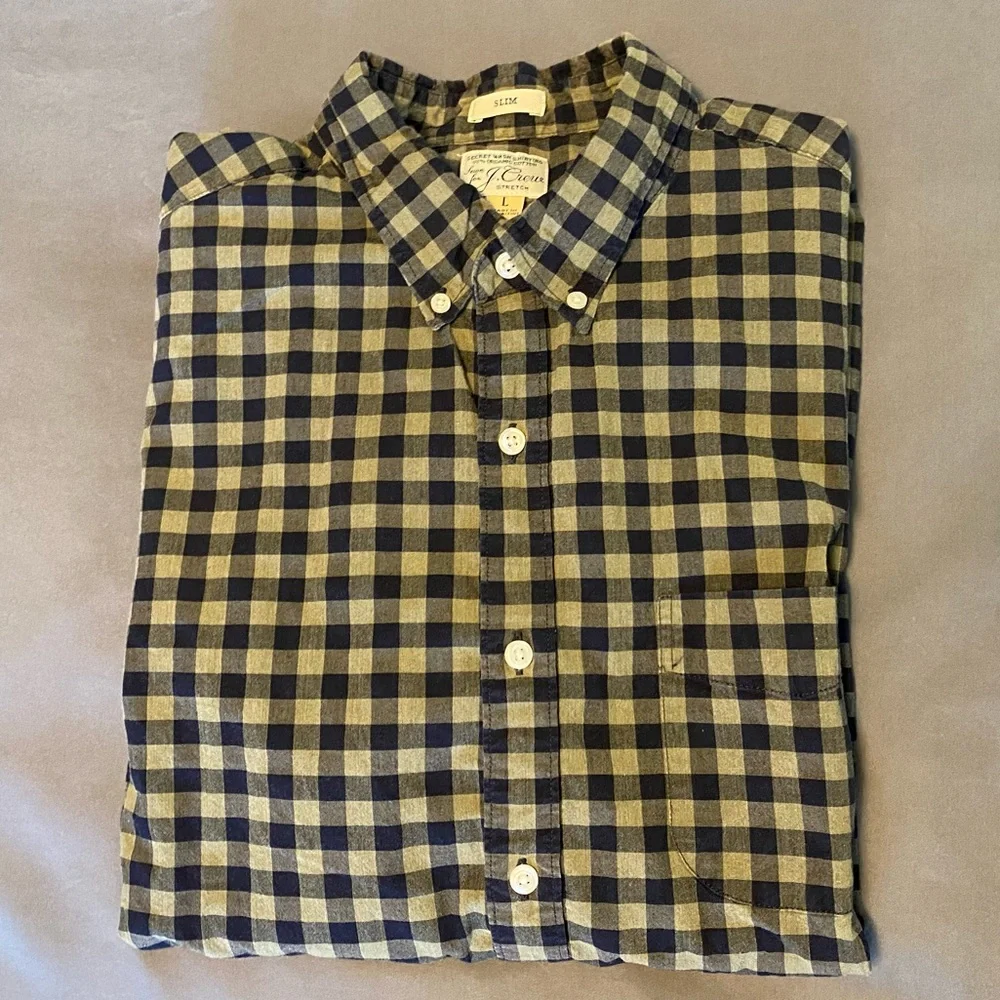 Mens Large J. Crew Slim Gingham Plaid Button Down Sleeve Shirt Army Green & Navy